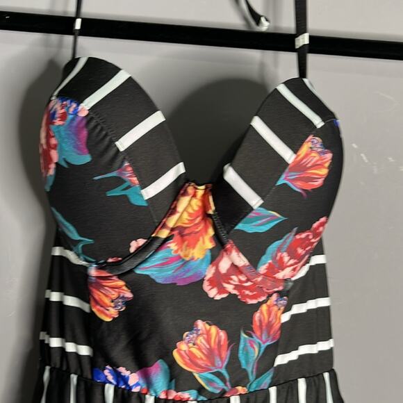 ModCloth Black and White Striped and Floral Print One Piece Bathing Suit Size XS - Picture 2 of 9